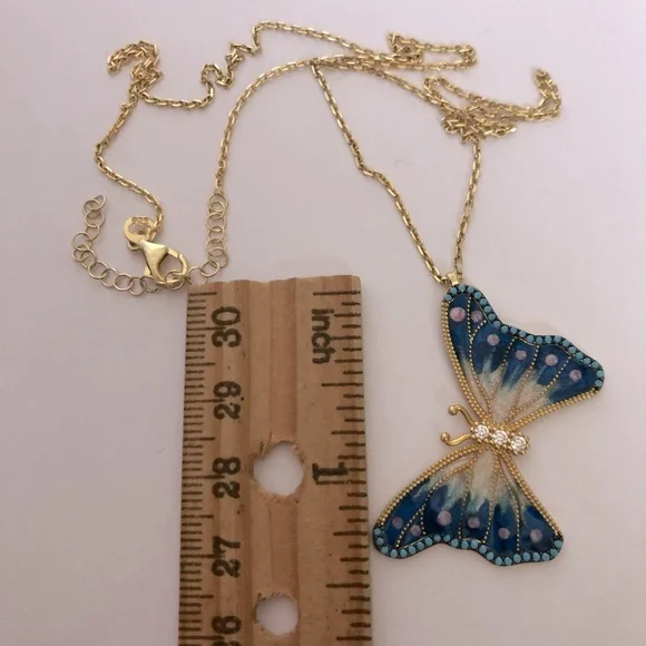 🦋925 Silver butterfly turquoise stones enamel necklace 18K yellow gold p…